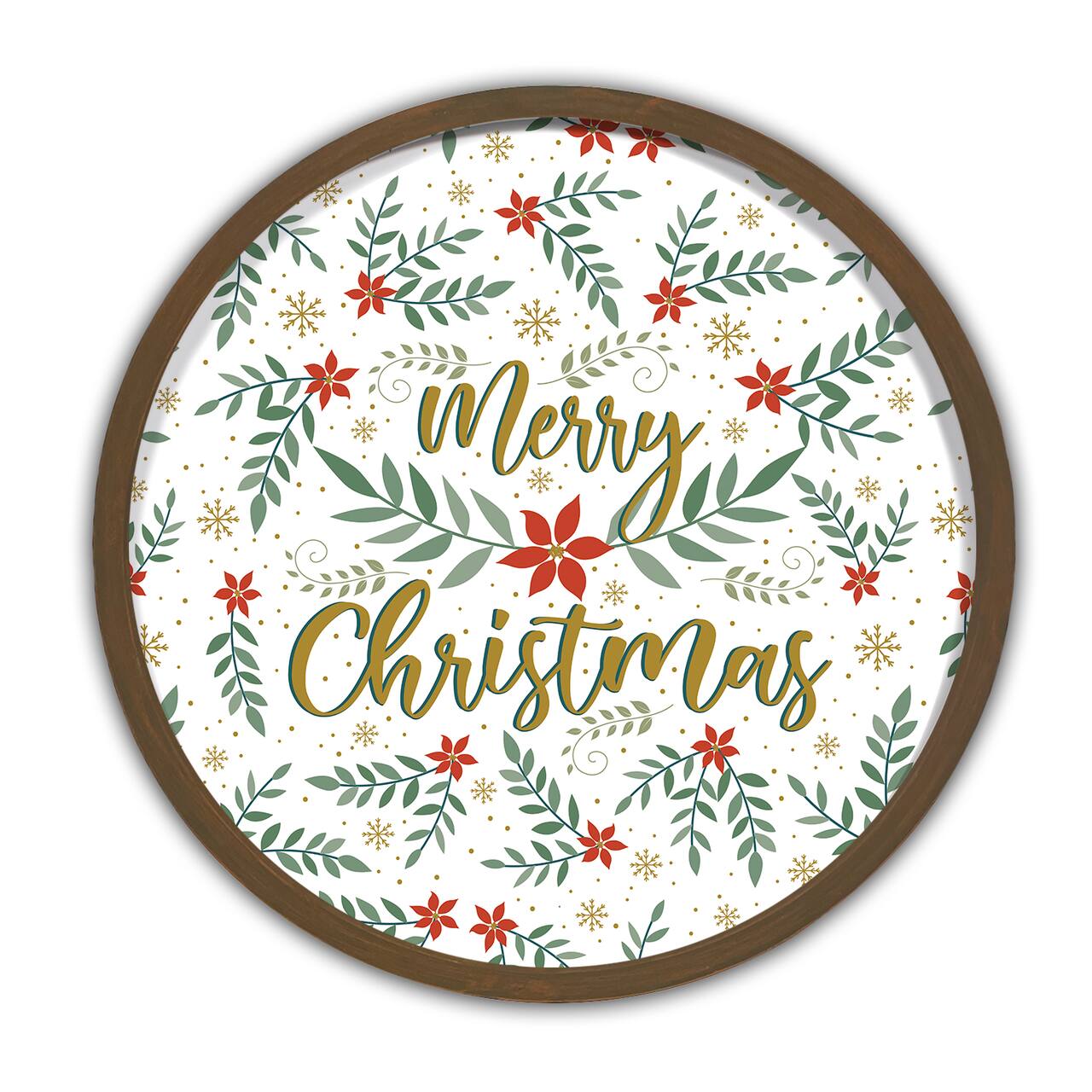 Merry Christmas Botanical Round Wall Art in Brown Frame